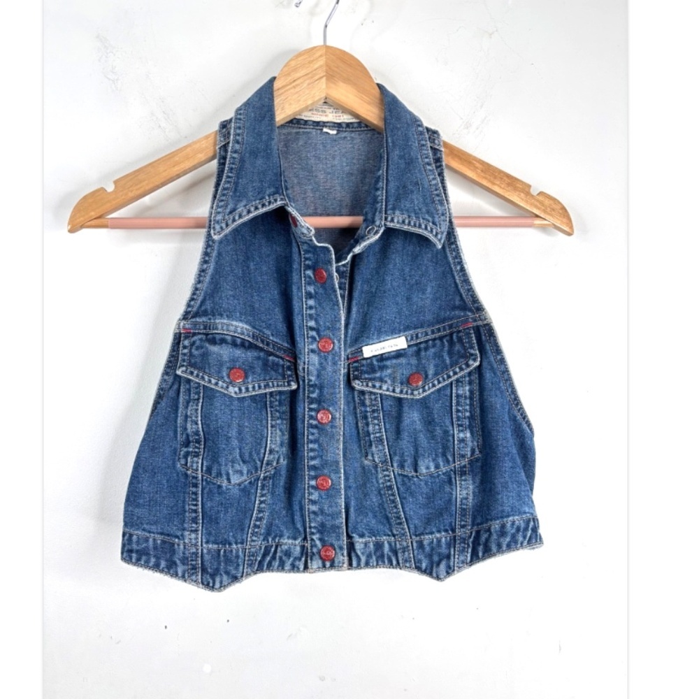 VTG 90s Guess Denim Halter Top Vest XL Cropped Red Snaps Made in USA Y2K Grunge